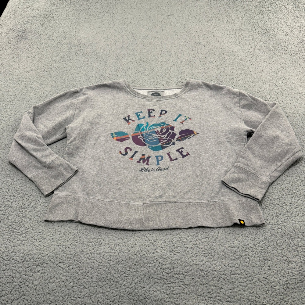 Life is Good Sweatshirt Women Large L Gray Keep It Simple Plaid Rose Graphic